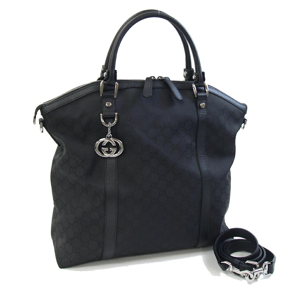 Gucci Handbag GG Black Leather Shoulder Crossbody Tote Bag Charm